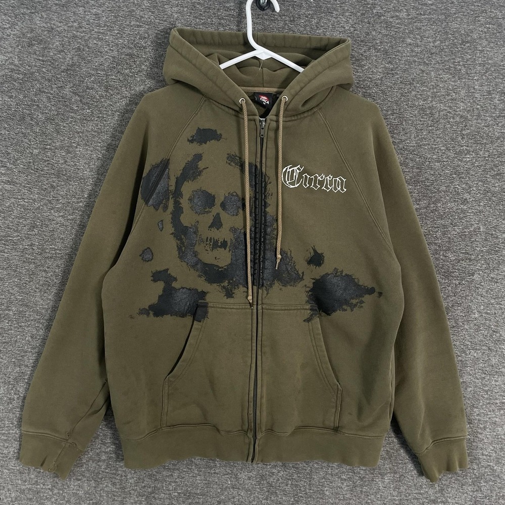 Circa Hoodie Mens Medium Green Full Zip Skull Graphic Fleece Skate Gothic Y2K